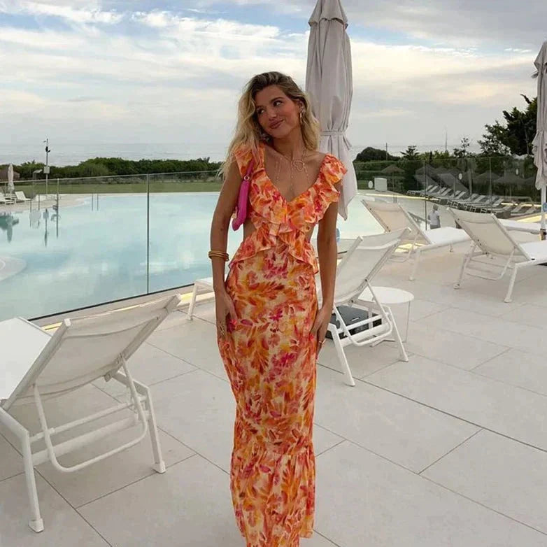 Isabelle - Elegante Zomerse Maxi Jurk met Ruches en Bloemenprint