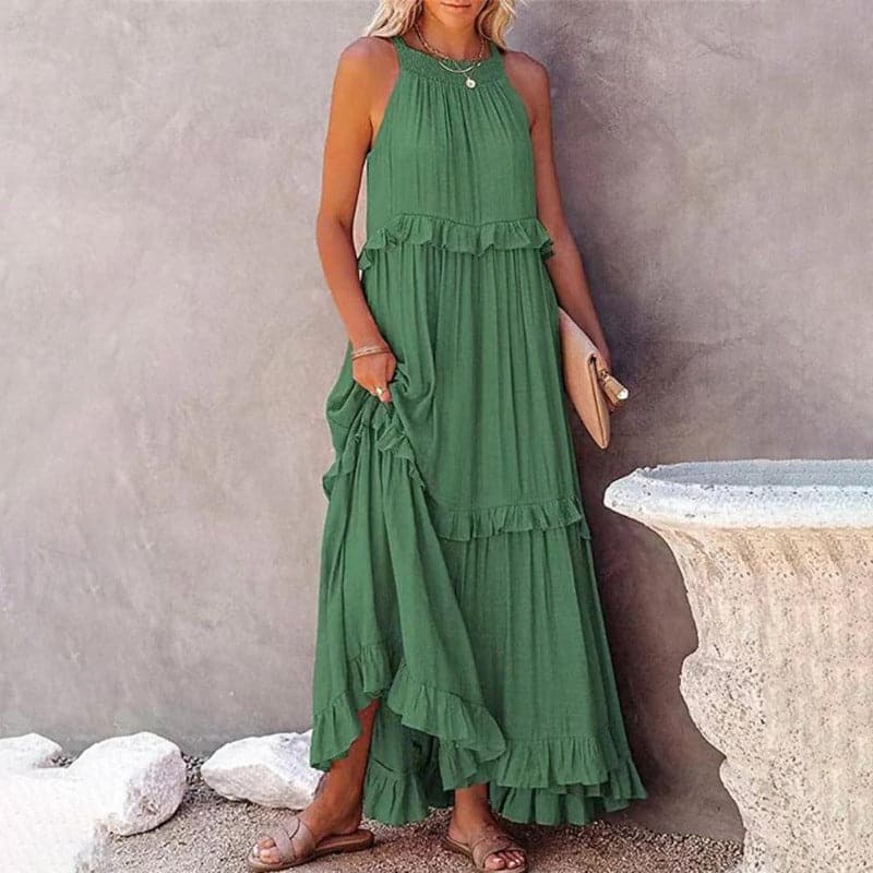 Marion - Lange Bohemian Vloeiende Jurk, Elegant met Volants en Halternek