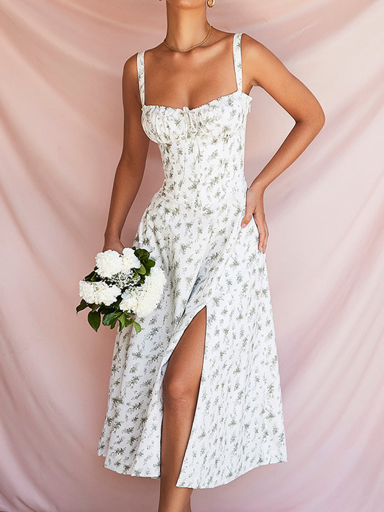 Amélie - Romantische Midi Jurk met Bloemenprint en Korset Top