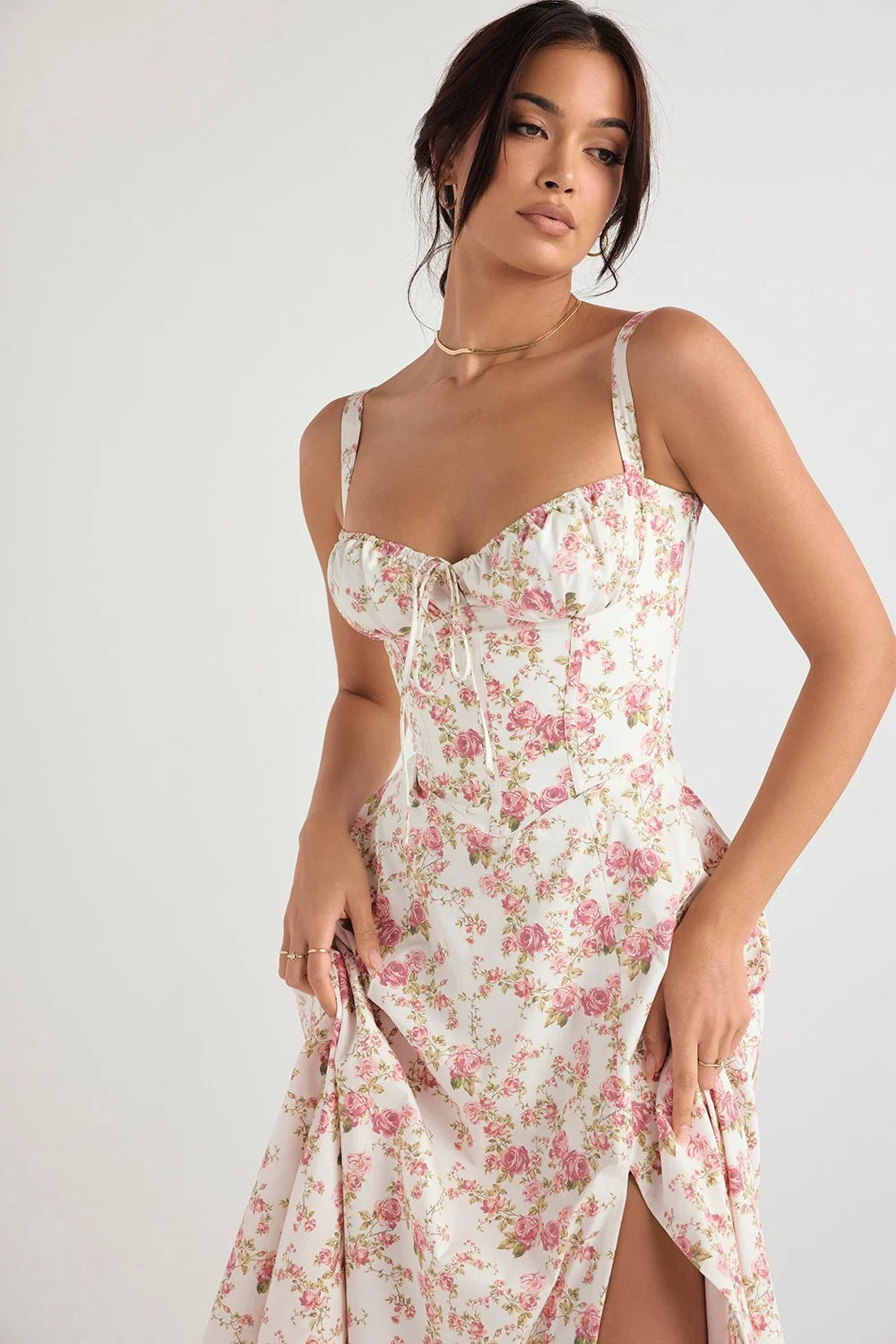 Amélie - Romantische Midi Jurk met Bloemenprint en Korset Top