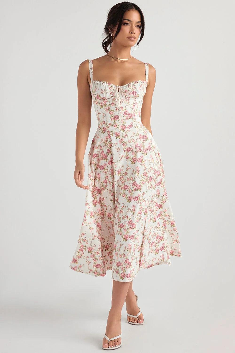 Amélie - Romantische Midi Jurk met Bloemenprint en Korset Top