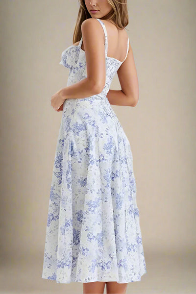 Amélie - Romantische Midi Jurk met Bloemenprint en Korset Top