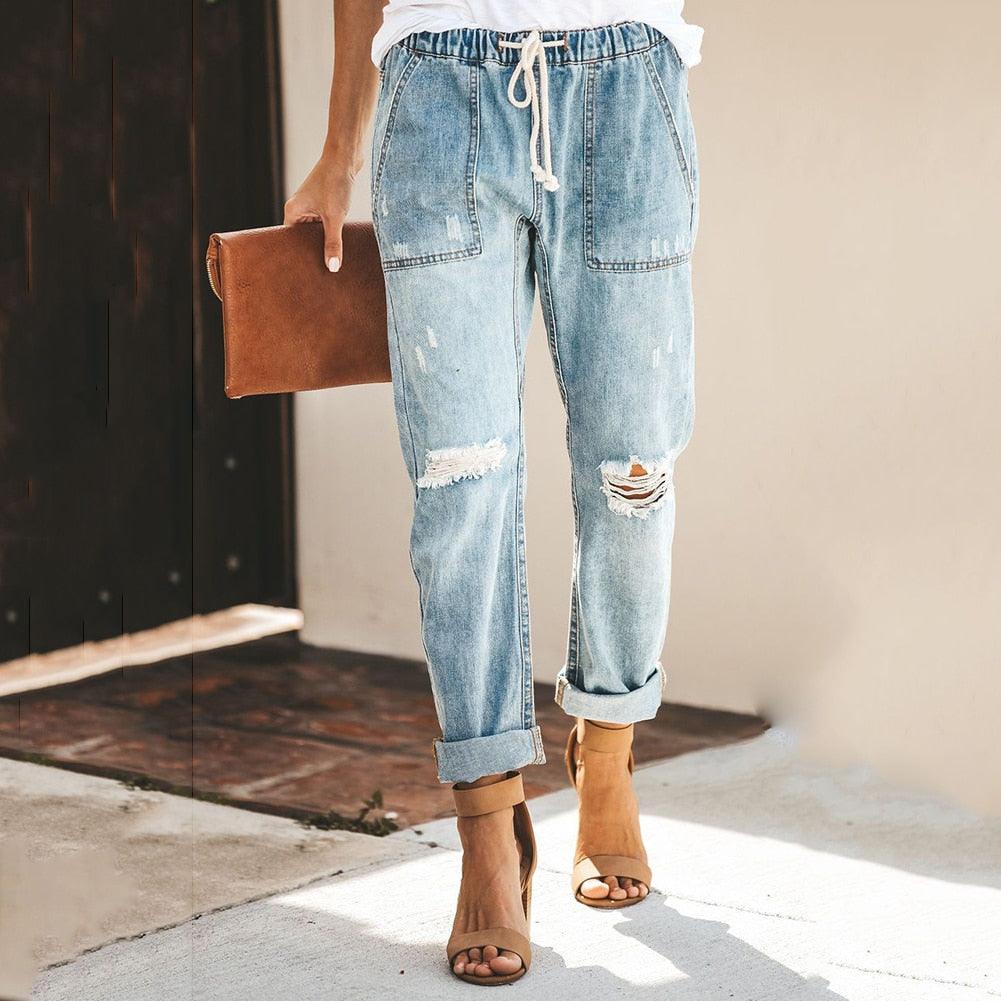 Dames Relaxte Rechte Jeans | Trekkoord Zakken