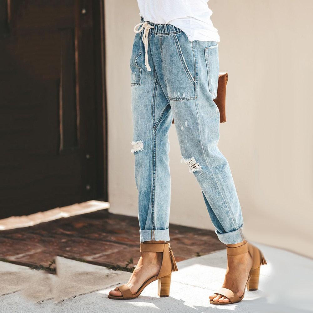 Dames Relaxte Rechte Jeans | Trekkoord Zakken