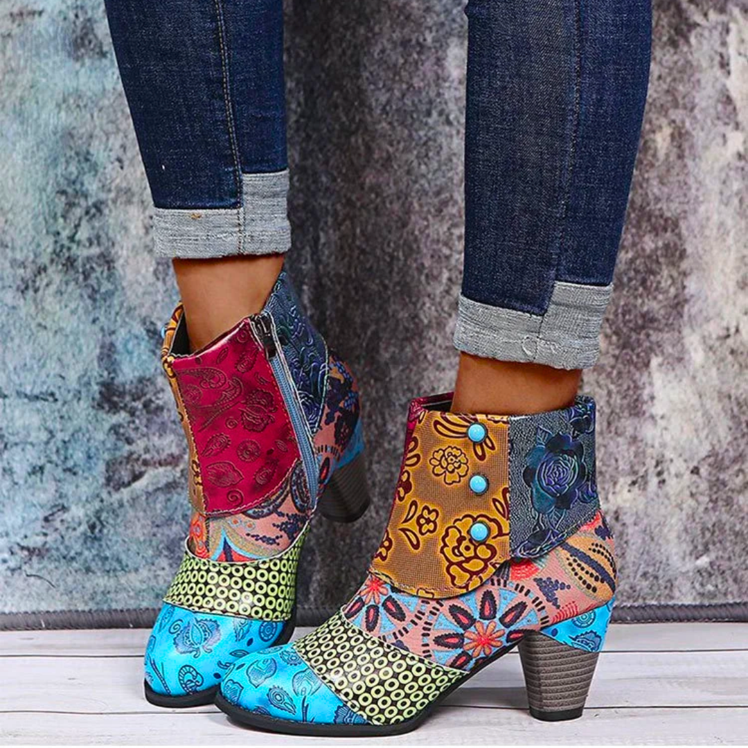 Dames Vintage Patchwork Enkellaarzen | Kleurrijke Bloemenpatroon Middelhoge Korte Laarzen