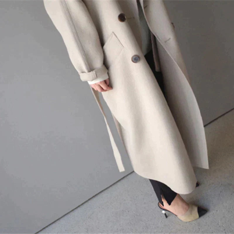 Dames Lange Dubbelrijige Warme Winter Overjas | Comfortabele Lange Jas Met Riem