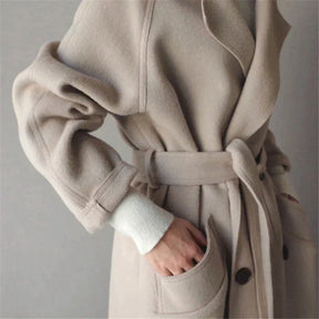 Dames Lange Dubbelrijige Warme Winter Overjas | Comfortabele Lange Jas Met Riem