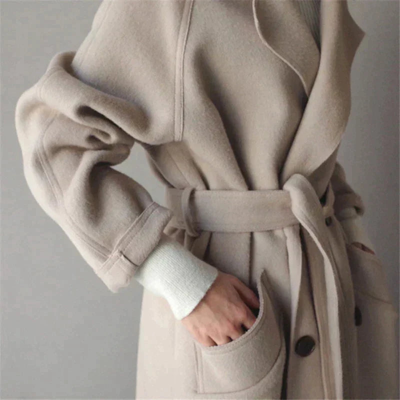 Dames Lange Dubbelrijige Warme Winter Overjas | Comfortabele Lange Jas Met Riem