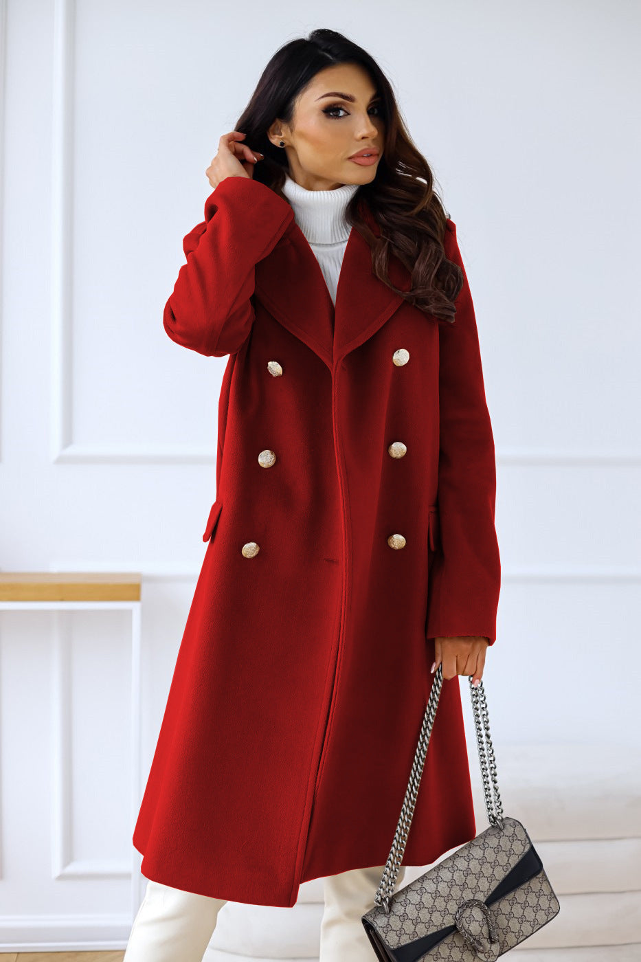 Dames Warme Dubbelrijige Lange Winter Trench Overjas | Met Gouden Knopen