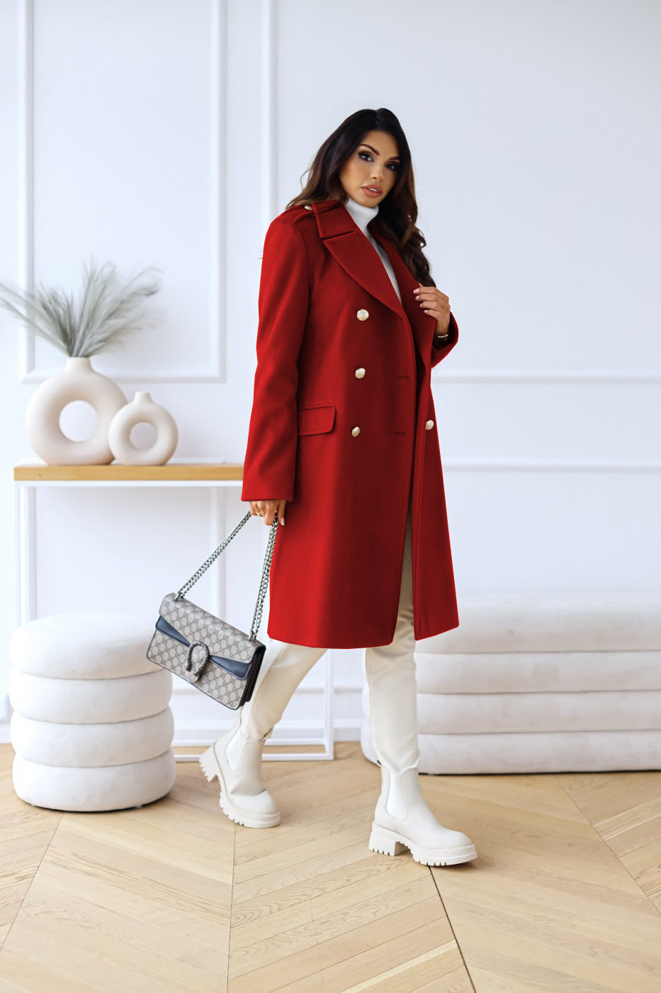Dames Warme Dubbelrijige Lange Winter Trench Overjas | Met Gouden Knopen