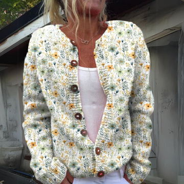 Dames Gebreid Vest met Bloemenprint | Gebreide Trui met Lange Mouwen en Knopen