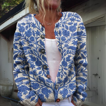 Dames Gebreid Vest met Bloemenprint | Gebreide Trui met Lange Mouwen en Knopen