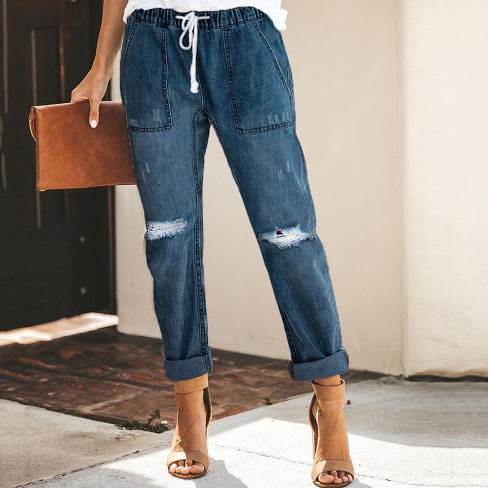 Dames Relaxte Rechte Jeans | Trekkoord Zakken