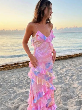 Mia - Elegante Maxi Jurk met Spaghetti Bandjes en Speelse Volants