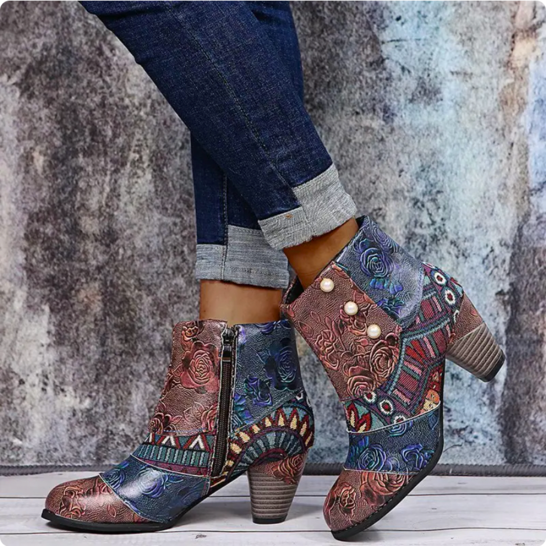 Dames Vintage Patchwork Enkellaarzen | Kleurrijke Bloemenpatroon Middelhoge Korte Laarzen
