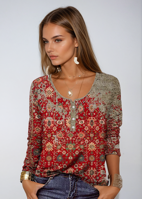 Anna - Dames Boho Bloemen Knopen Shirt met Lange Mouwen