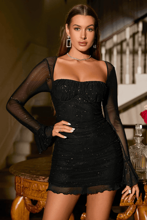 Camille - Verleidelijke Glitter Mesh Mini Jurk met Lange Mouwen