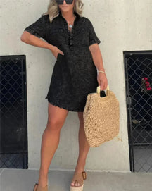 Lauren - Casual Denim Tuniekjurk met Knoopdetail en Rafelrand