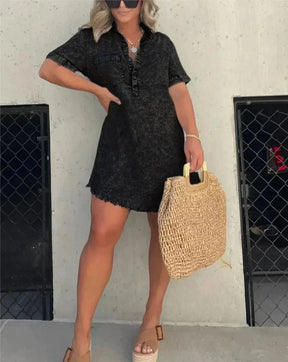 Lauren - Casual Denim Tuniekjurk met Knoopdetail en Rafelrand
