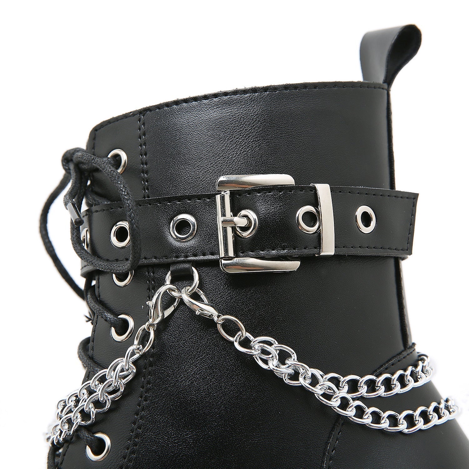 Dames Zwarte Plateau Combat Laarzen | Gotische Veterlaarzen met Kettingdetail