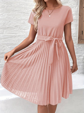 Eliana - Elegante Plooi Jurk met Strik en Korte Mouwen