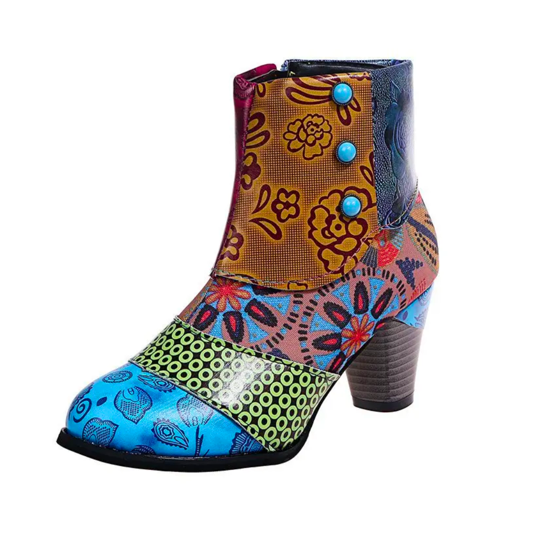 Dames Vintage Patchwork Enkellaarzen | Kleurrijke Bloemenpatroon Middelhoge Korte Laarzen