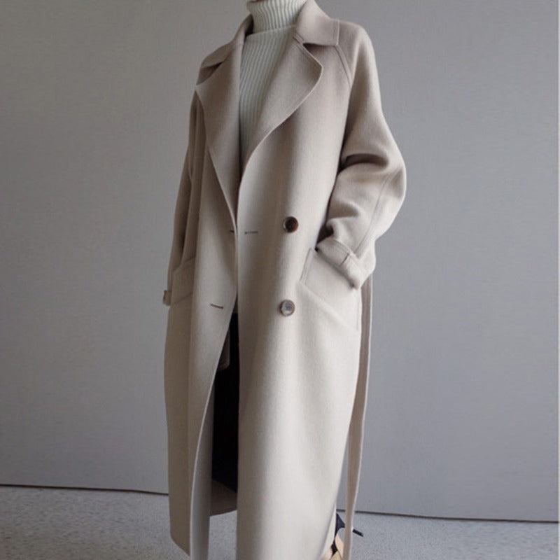 Dames Lange Dubbelrijige Warme Winter Overjas | Comfortabele Lange Jas Met Riem