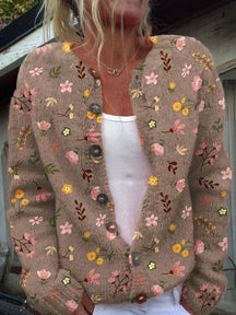 Dames Gebreid Vest met Bloemenprint | Gebreide Trui met Lange Mouwen en Knopen
