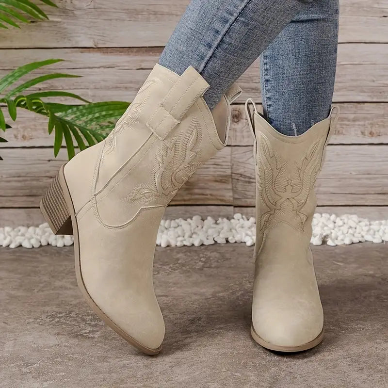 Dames Vintage Cowboystijl Laarzen met Puntneus | Western Laarzen tot Halverwege de Kuit