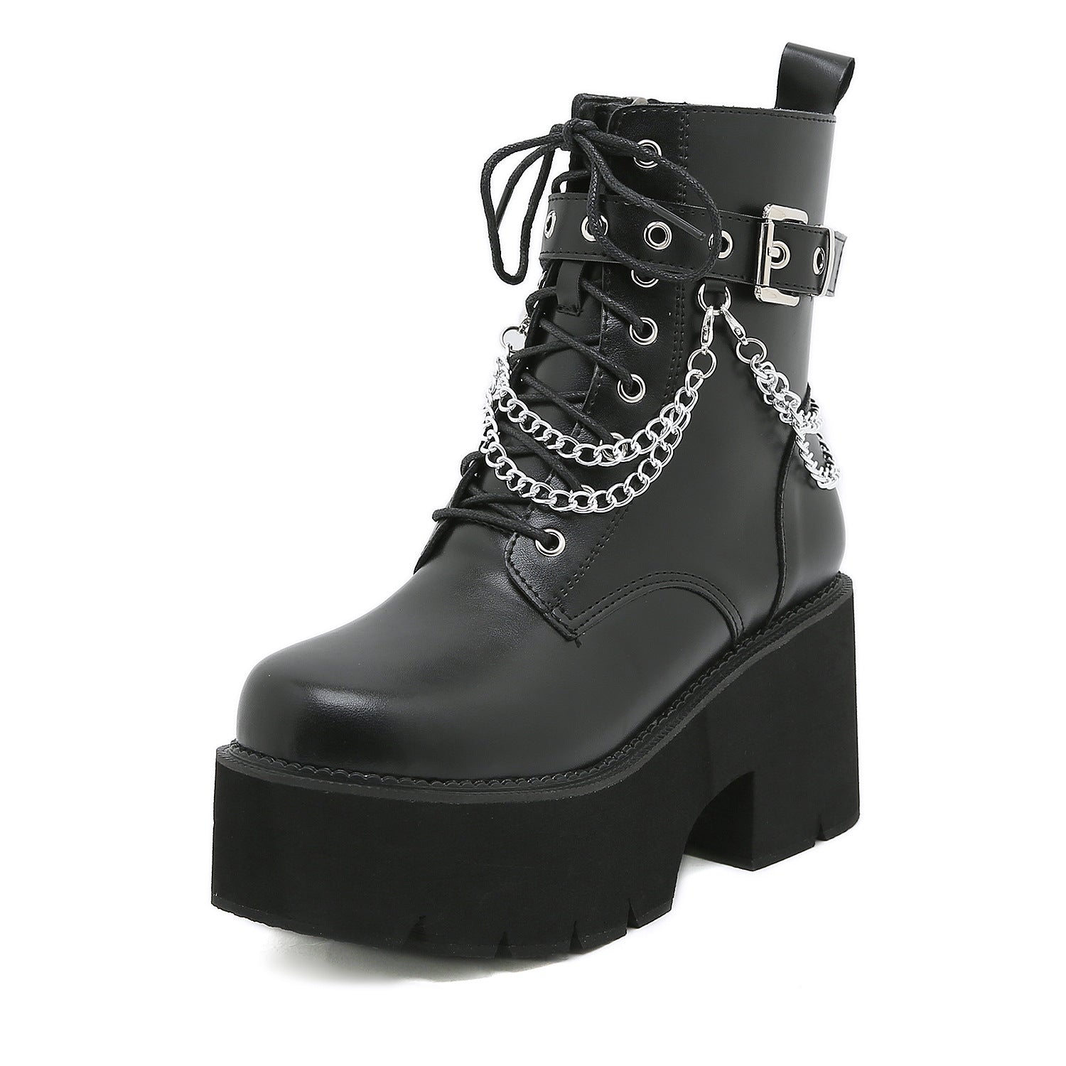 Dames Zwarte Plateau Combat Laarzen | Gotische Veterlaarzen met Kettingdetail