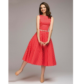 Eva - Vintage Mouwloze Midi Jurk met Polka Dots en Elegante Pasvorm