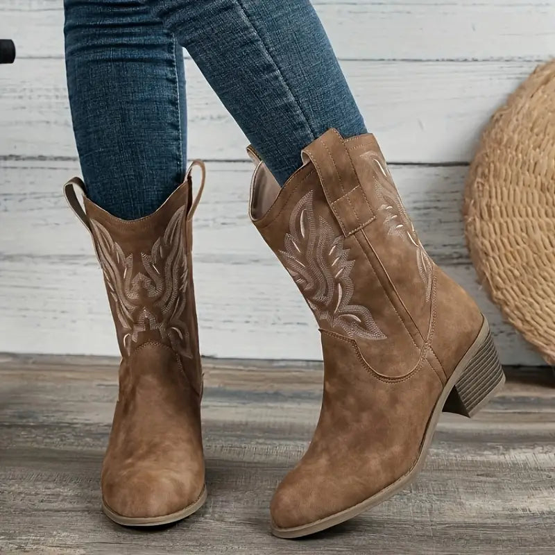 Dames Vintage Cowboystijl Laarzen met Puntneus | Western Laarzen tot Halverwege de Kuit