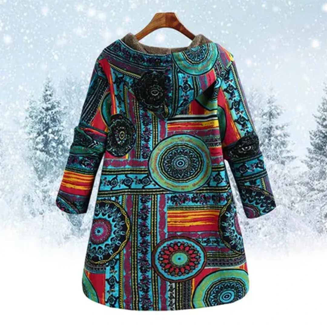 Dames Boho Jas met Capuchon | Warme Kleurrijke Patchwork Winterjas