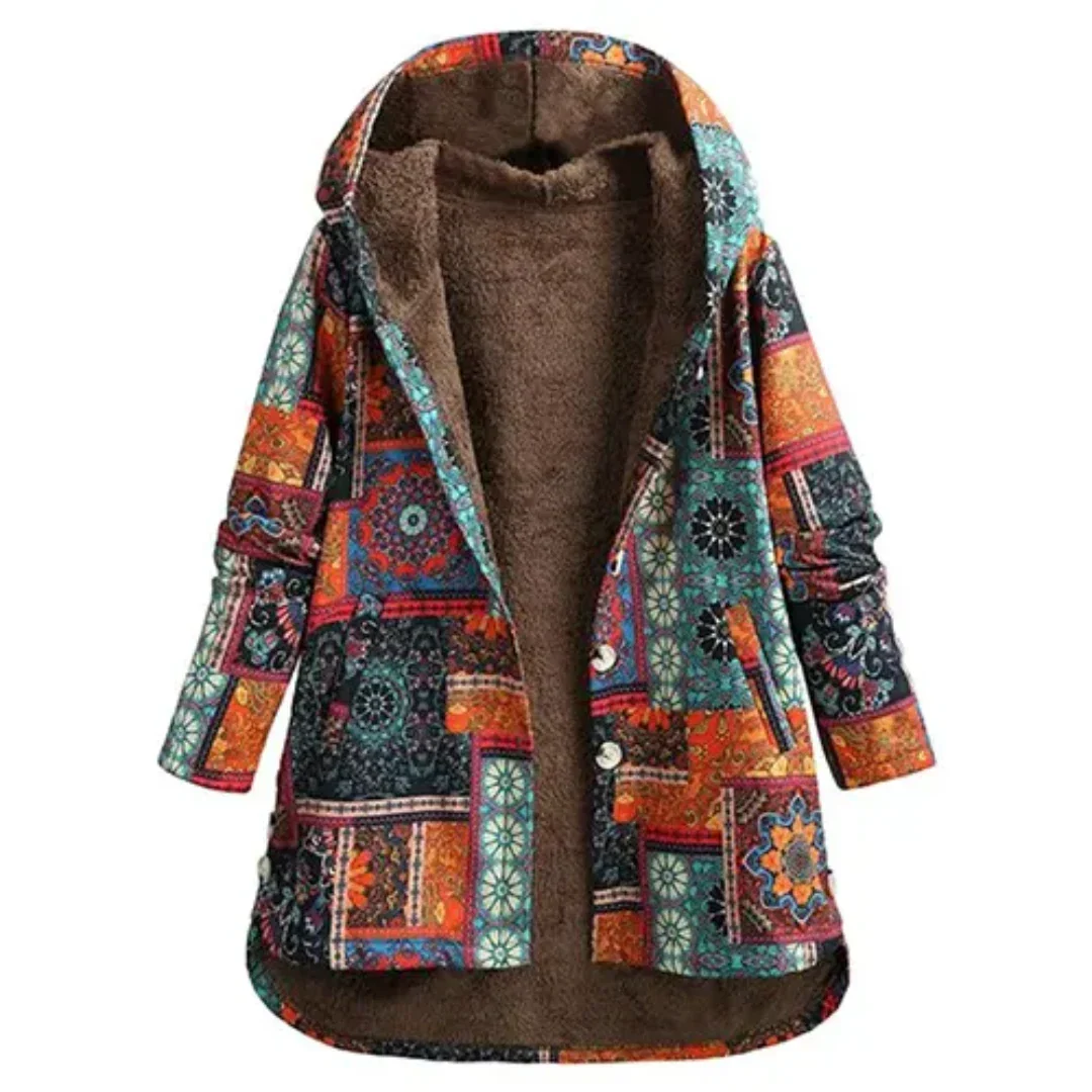 Dames Boho Jas met Capuchon | Warme Kleurrijke Patchwork Winterjas