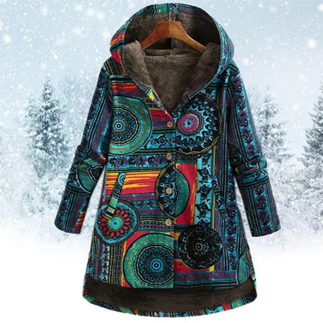 Dames Boho Jas met Capuchon | Warme Kleurrijke Patchwork Winterjas