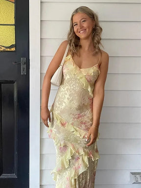 Mia - Elegante Maxi Jurk met Spaghetti Bandjes en Speelse Volants
