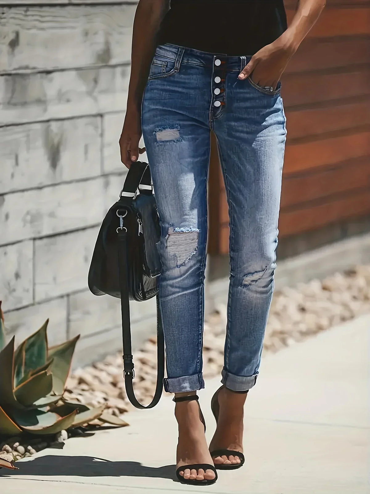 Dames Slim Fit Gescheurde Jeans | Knoop Zoom
