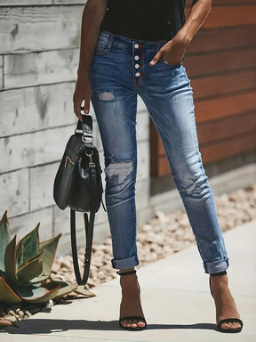 Dames Slim Fit Gescheurde Jeans | Knoop Zoom
