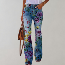 Olivia - Boho Flare Jeans, Hoge Taille Met Bloemenprint