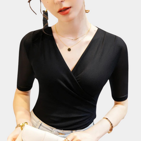 Alba - Top Elegant Met Korte Mouwen En V-Hals, Chic En Modern Stijl