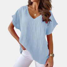 Amira - Lichte Linnen Blouse, Ruimvallend en Elegant met V-hals