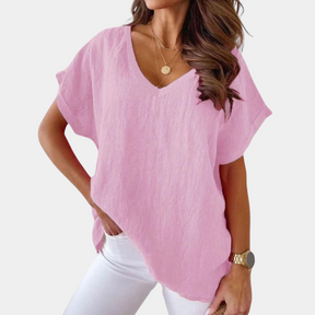 Amira - Lichte Linnen Blouse, Ruimvallend en Elegant met V-hals