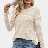 Dames Geribde Top met Lange Mouw Ronde Hals | Slim Fit
