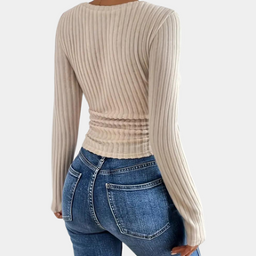 Dames Geribde V-Hals Top met Lange Mouw | Slim Fit Essentials
