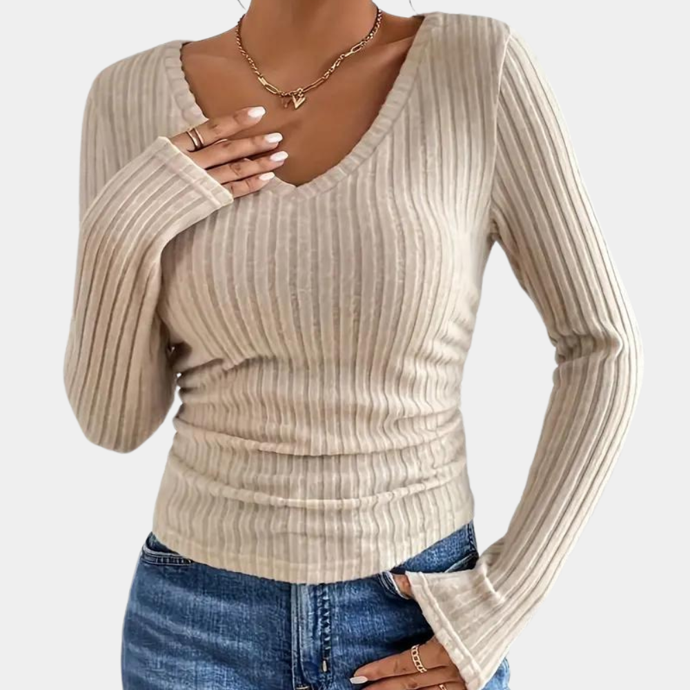 Dames Geribde V-Hals Top met Lange Mouw | Slim Fit Essentials