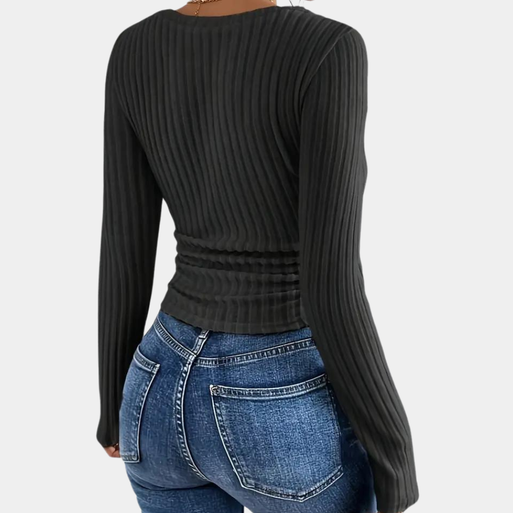 Dames Geribde V-Hals Top met Lange Mouw | Slim Fit Essentials