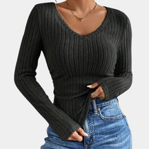 Dames Geribde V-Hals Top met Lange Mouw | Slim Fit Essentials
