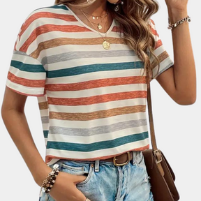 Sienna - Casual Gestreept T-Shirt met V-Hals en Korte Mouwen