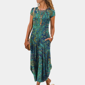 Anne - Lange, vloeiende Jurk met Geometrische Patronen, chic en Comfortabel