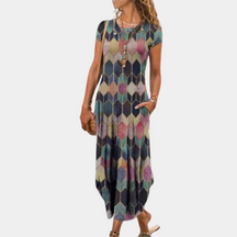 Anne - Lange, vloeiende Jurk met Geometrische Patronen, chic en Comfortabel